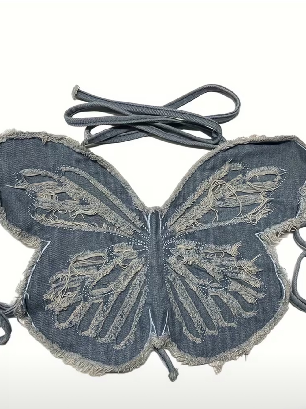 Denim Butterfly Backless Halter Crop Top - Blue